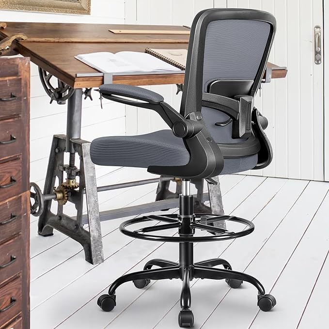 FelixKing Drafting Chair Ergonomic Tall Office Chair, Breathable Mesh Chair with Adjustable Footrest Ring Lumbar Support Flip-up Armrests, High Back Executive Comfy Task Computer Chair for Home Office