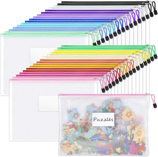Sooez 32 Pack Mesh Zipper Pouch Bags, A4 Letter Size, Zipper Bags with Label Pocket, Waterproof Zipper Pouches for Classroom Organization, Board Game Storage, Document Bag for Office School Supplies