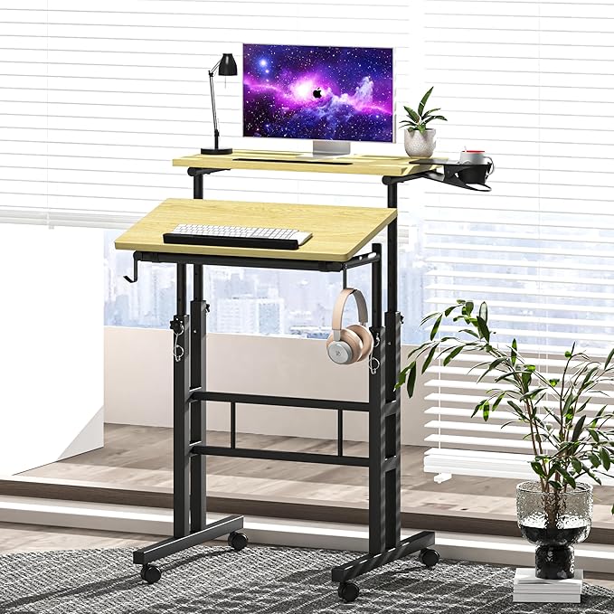 Klvied Stand Up Desk on Wheels, Portable Computer Desk for Home Office,Rolling Desk for Laptop with Removable Cup Holder, Adjustable Laptop Cart for Standing or Sitting,Natural