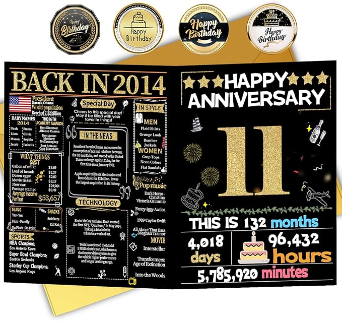 Joycard 11th Anniversary Card for Women Men, Gold Wedding Card for Wife Husband, Sweet Marriage Decorations Gifts for Couple, Perfect for Her Him on Anniversary Day, Back in 2014