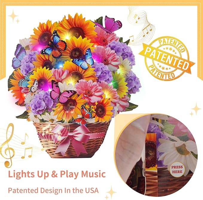 Flower Bouquet Birthday Cards with MUSIC & LIGHTS, 3D Pop Up Greeting Cards, 12 Inch Life Sized Sunflower Butterfly Mothers Day Cards for Mom Women Sister Daughter Grandma