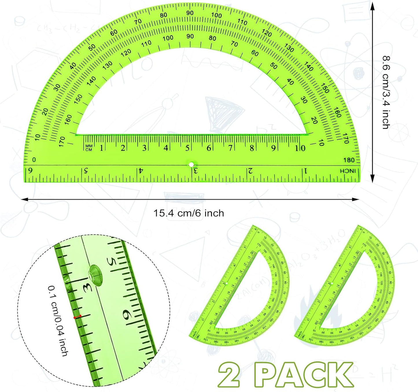 Zonon 2 Pcs 6 Inch Plastic Protractor Math Protractors 180 Degrees Angle Measurement, Translucent for Geometry Classroom Kid Student School Office Supplies(Green)