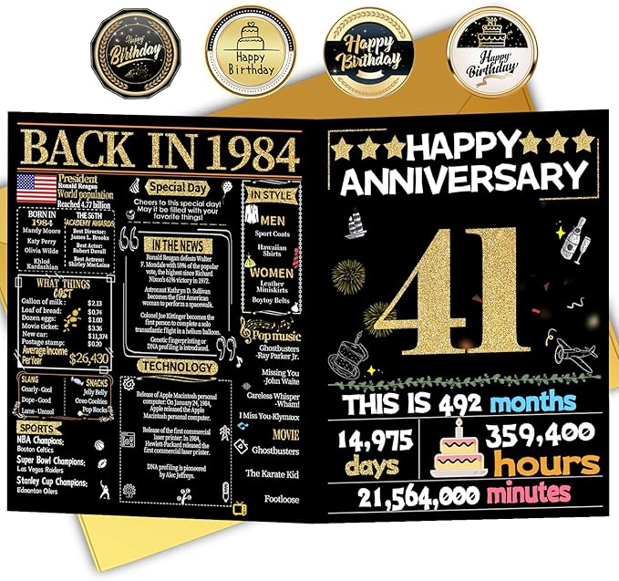 Joycard 41st Anniversary Card for Women Men, Gold Wedding Card for Wife Husband, Sweet Marriage Decorations Gifts for Couple, Perfect for Her Him on Anniversary Day, Back in 1984