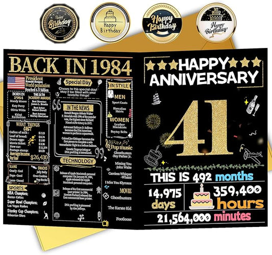 Joycard 41st Anniversary Card for Women Men, Gold Wedding Card for Wife Husband, Sweet Marriage Decorations Gifts for Couple, Perfect for Her Him on Anniversary Day, Back in 1984