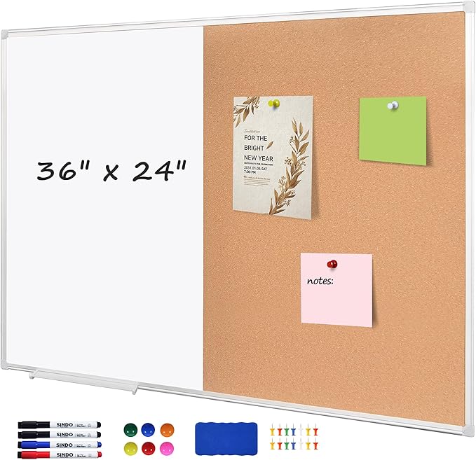 Cork Bulletin Board, 36 X 24 Inches White Magnetic Dry Erase Board, Large Wall Mounted Message Vision Notice Memo Pin Board for Office, Home and School