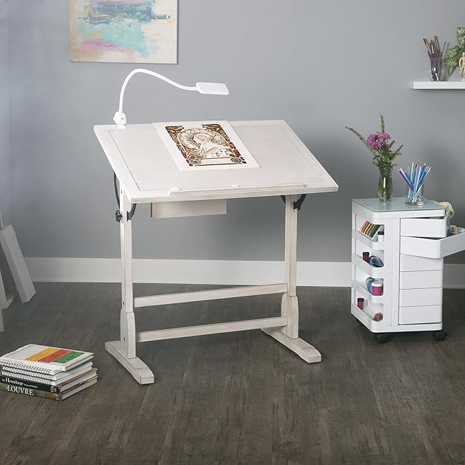 Studio Designs Vintage Drawing/Drafting Table with Pencil Ledge - 36" W x 24" D - Coastal Whitewash - Adjustable Tilting Top