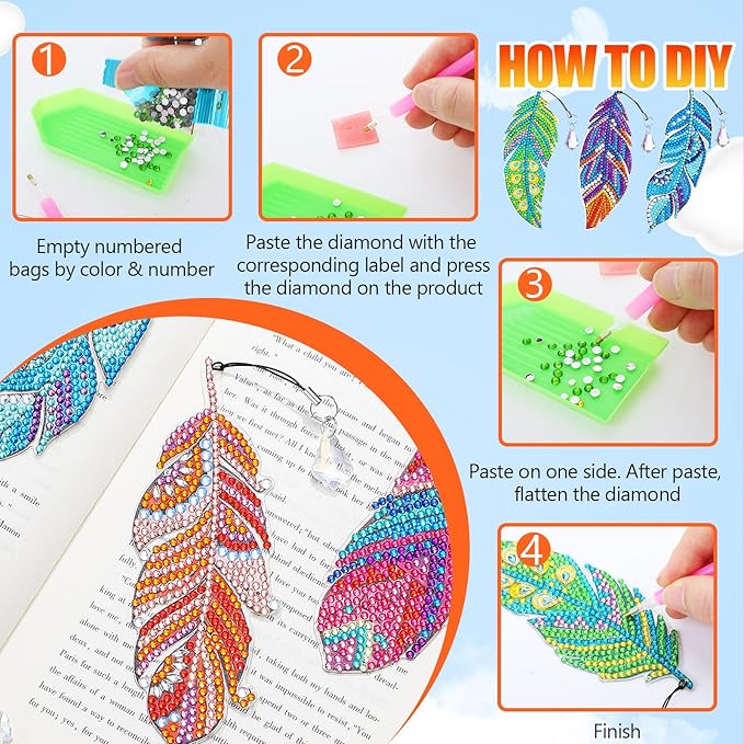 8 Pcs 5D Diamond Painting Bookmarks Kits DIY Feather Bookmark Diamond Art Bookmarks Crystal Shaped Diamond Feather Bookmark for Home Office Project