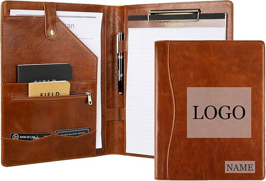 Personalized Leather Portfolio for Men, Engraved Leather Clipboard Portfolio Binder, Custom Leather Resume Padfolio for Women, Christmas Gift for His/Her (Clipboard, Shiny Brown-Custom)