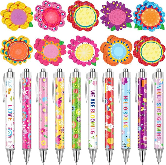 Geyee 40 Pcs Flower Theme Sticky Notes and Pens Set, Floral Memo Pads Colorful Flower Ballpoint Pens Foral Party Gift Supplies for Student Classroom School Theme Birthday Party Gift Favors