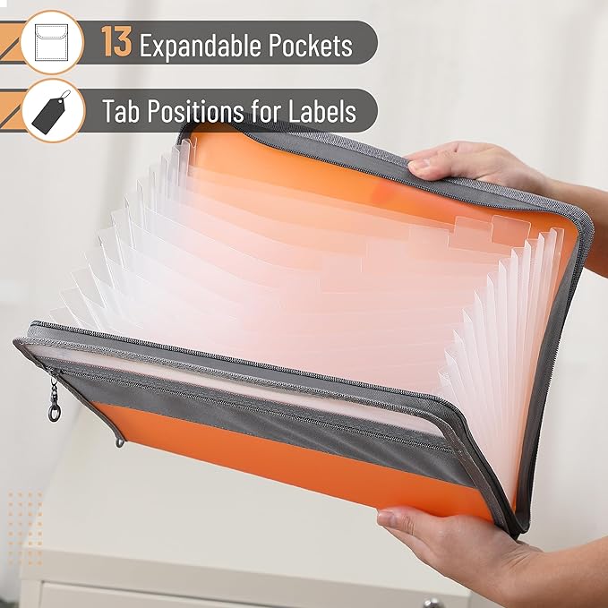 Mr. Pen- Accordion File Organizer, 13 Pockets, Orange, Letter A4 Paper Document Accordion Folder, Expanding File Folder with Sticky Labels, Accordion File Folder Document Organizer