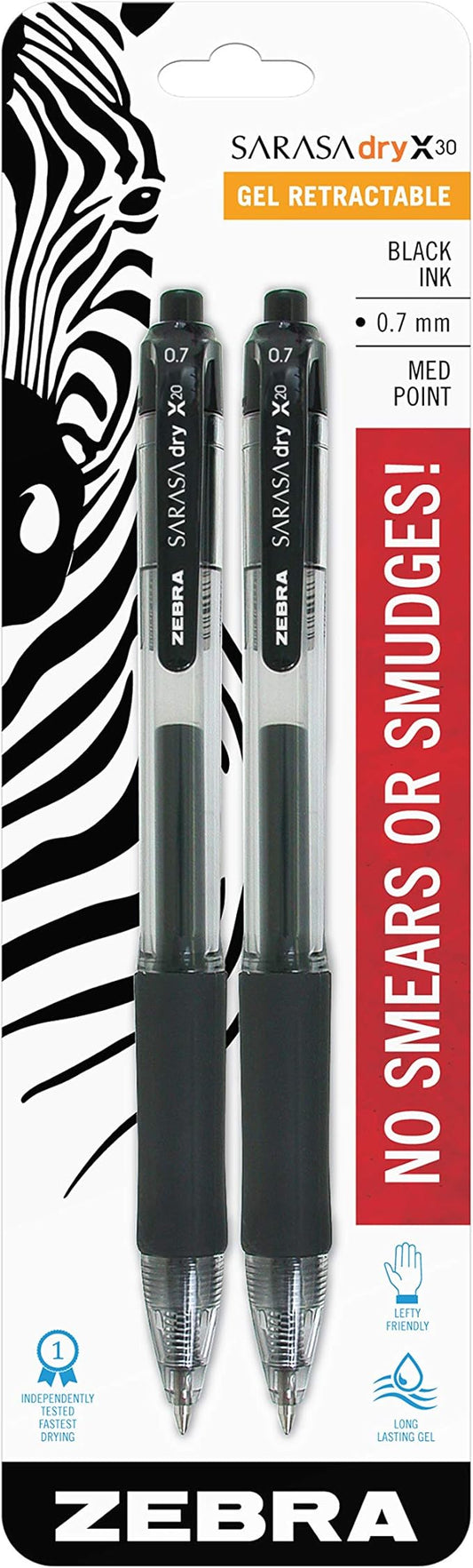 Zebra Pen Sarasa Dry X20 Retractable Gel Pen, Medium Point, 0.7mm, Black Ink, 2-Pack (Packaging May Vary)
