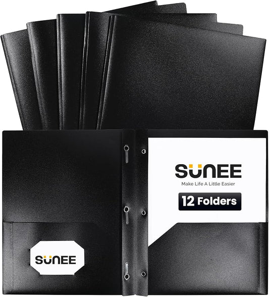 SUNEE 12-Pack Black Plastic Folders with Pockets and Prongs, Letter Size, 9 x 11.5 in