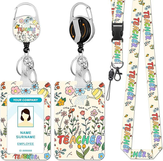 Teacher Lanyards for Id Badges, Cute Flower Floral Badge Holder with Retractable Reel Clip, Adjustable Work Name Tags Keychain Lanyard ID Card Protector Cover Case for Women Nurse Office