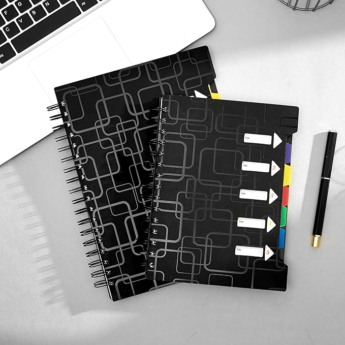 CAGIE 5 Subject Notebook for Work 240 Pages Spiral Notebooks College Ruled with Dividers Tabs A5 Small Note Book for School Office Supplies Note Taking, 5x7, Black
