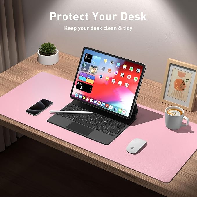 Aothia Leather Desk Pad Protector, Mouse Pad, Office Desk Mat, Non-Slip PU Leather Desk Blotter, Laptop Desk Pad, Waterproof Desk Writing Pad for Office and Home (36" x 17", Fairy Pink)