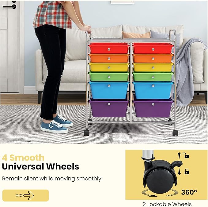 Giantex 12-Drawer Rolling Storage Cart, Multipurpose Movable Organizer Cart, Utility Cart for Home, Office, School (Multicolor)