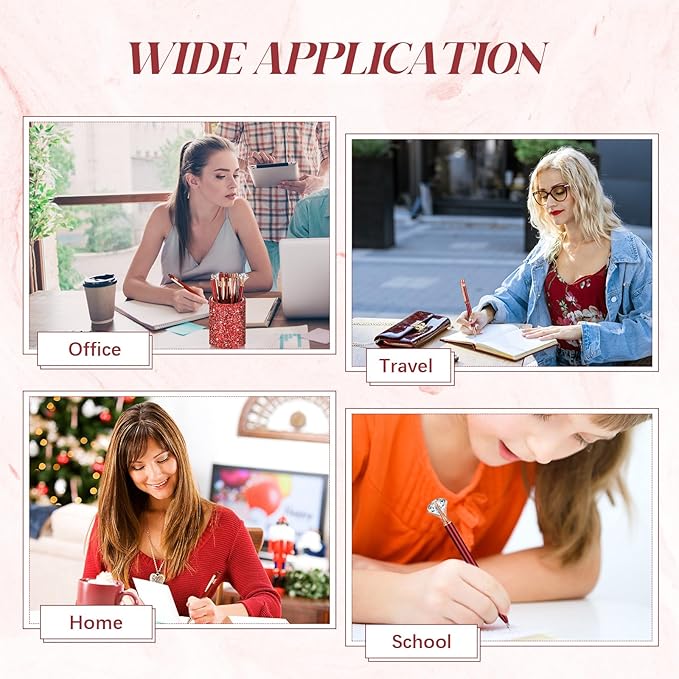 Sabary 8 Pcs Ballpoint Pens with Pen Holder for Desk Glitter Crystal Diamond Fancy Pencil Holder Bling Desk Organizer Cute Stationery Supplies for Women Girls Wedding Office School Gifts(Red)