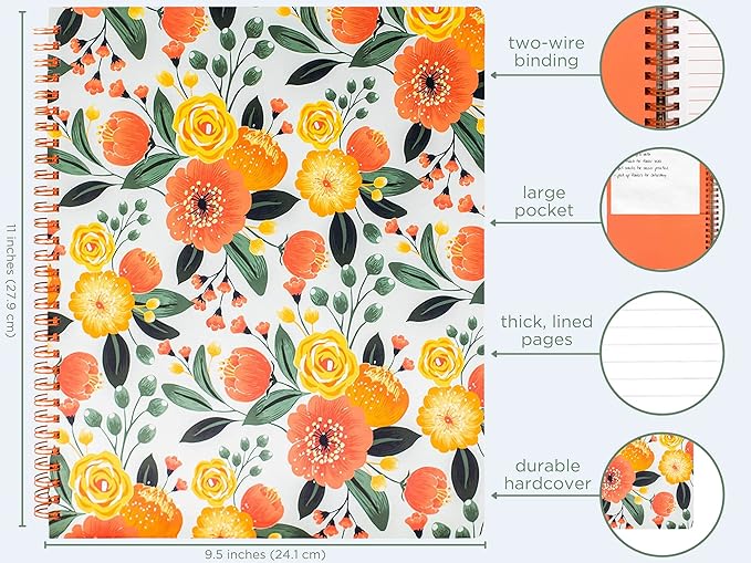 Steel Mill & Co Cute Large Spiral Notebook College Ruled, 11" x 9.5" with Durable Hardcover and 160 Lined Pages, Orange Floral