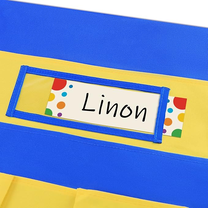 VNOM Chair Back Pocket School Seat Chair Storage Pocket Organizer with Label Slot Multiple Pockets for School Home Classroom Preschool Daycare (Yellow+Blue)