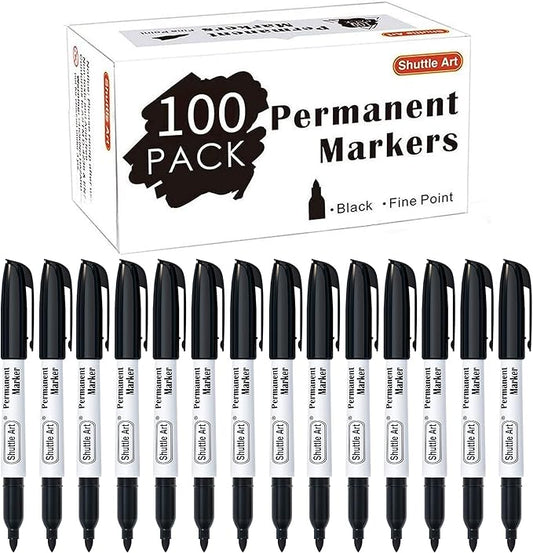 Shuttle Art Permanent Markers, 100 Pack Black Permanent Marker set,Fine Point, Works on Plastic,Wood,Stone,Metal and Glass for Doodling, Marking