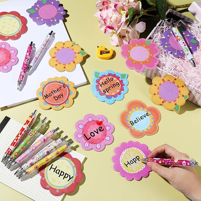 Geyee 80 Pcs Flower Theme Sticky Notes and Pens Set, Floral Memo Pads Colorful Flower Ballpoint Pens Foral Party Gift Supplies for Student Classroom School Theme Birthday Party Gift Favors