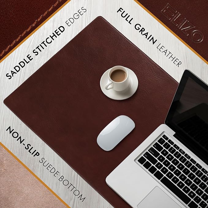 Elizo Leather Desk Mat Desk Pad Blotter Set - Real Full-Grain Leather (32x16) 2-Layer Genuine Desk Cover Protector & Large Mouse Pad | Computer Keyboard Desk Accessories for Office & Home Bourbon