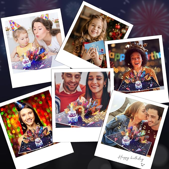 Birthday Cards Fireworks 3D Pop Up Blowable Cake Light Music Happy Birthday Card Gifts for Women,Men, Mom, Kids