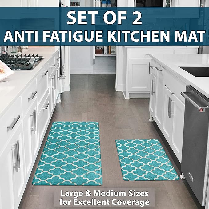 ComfiLife Kitchen Mats for Floor (2 PCs) – Cushioned Anti Fatigue Kitchen Rug for Comfortable Standing – Waterproof, Easy Clean, Non-Slip, Thick Kitchen Mat Set for Home, Office, Sink, Laundry (Teal)