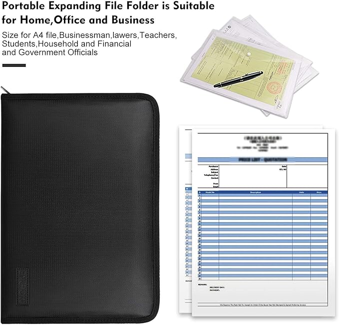 ENGPOW Fireproof Expanding File Folder with 13 Multicolored Pockets A4 Size Document Organizer with Color Labels Zipper Closure Non-Itchy Silicone Coated Portable Filing Pouch(14.3" x 9.8")