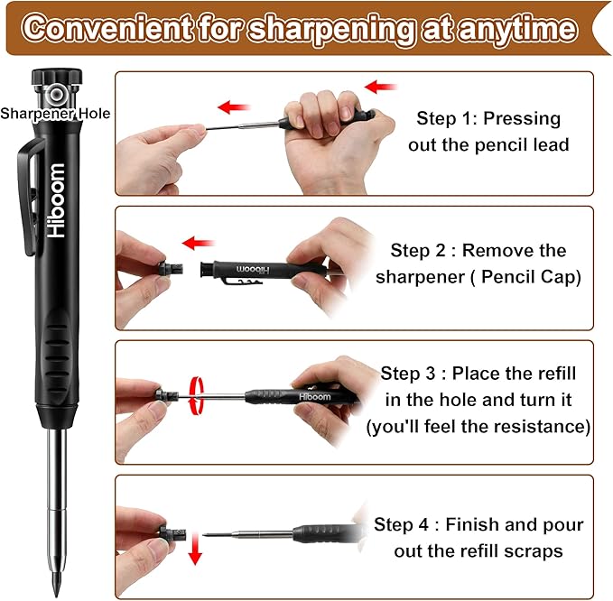 Hiboom 3 Pack Carpenter Pencils with 24 Refills (Red, Black, Yellow), 2.8 mm Heavy Duty Woodworking Marking Tool Built in Sharpener Ideal for Marking on Solid Long Nosed Deep Hole(Black)