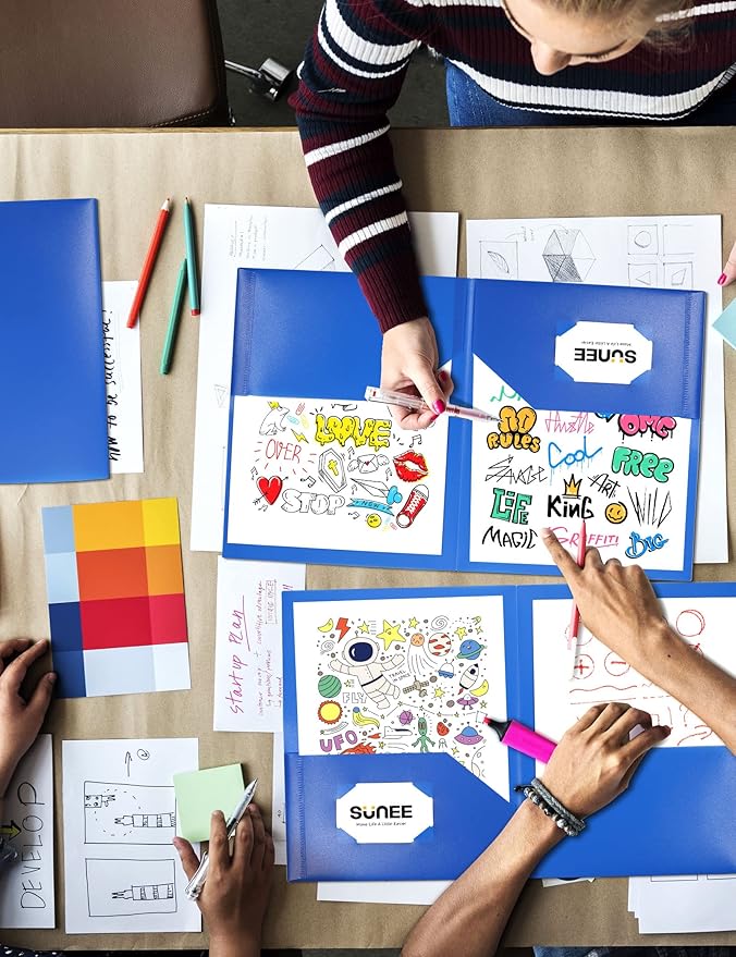 SUNEE 2 Pocket Folders (12 Pack, Blue) Heavy-Duty Plastic Folders with Pockets, Fit 8.5x11 Letter Size Paper, 2-Pocket File Folders for Kids, Home, School, Office