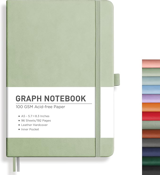 RETTACY Graph Paper Notebook, A5 Grid Notebook Journal with 192 Pages, 5.7'' × 8.3'', Medium Size, Leather Hardcover, 100 GSM Thick Paper, for Students, Homework, Math, Engineering (Light Green)