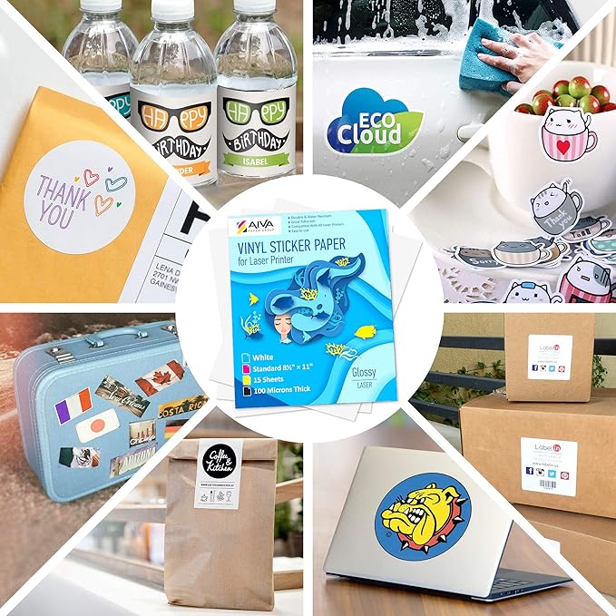 Printable Vinyl Sticker Paper for Laser Printer - Glossy White - 200 Self-Adhesive Sheets - Waterproof Decal Paper - Standard Letter Size 8.5"x11"