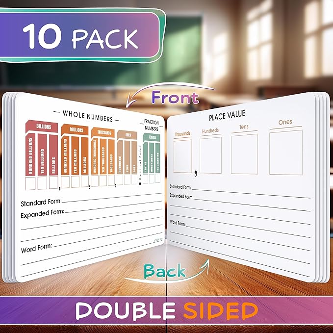 SCRIBBLEDO Place Value Chart Math Practice 9”x12” Small White Board Dry Erase Sheets Math Manipulatives Math Supplies Homeschool Teacher Students Classroom Pack of 10 Sheets