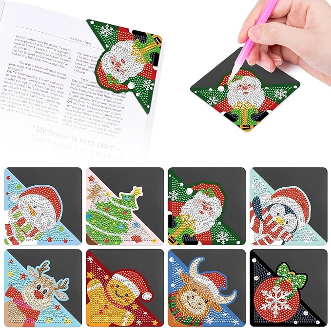 Anseal 8 Pcs Christmas Diamond Art Painting Bookmark, Rhinestone Crystal Corner Bookmarks for Book Lovers, Triangle Embroidery Painting Arts Crafts Book Mark for Kids