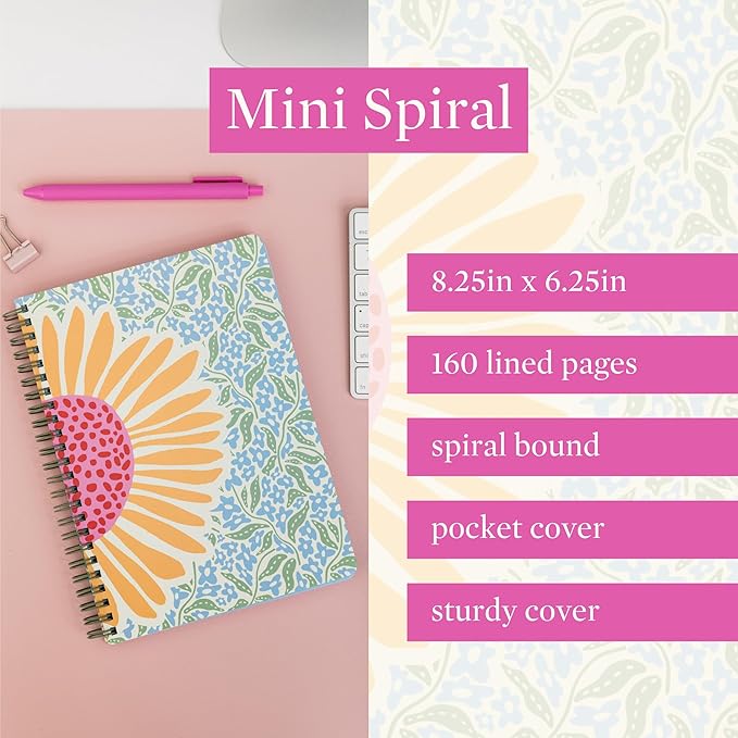 Steel Mill & Co Cute Mini Spiral Notebook, 8.25" x 6.25" Journal with Durable Hardcover and 160 Lined Pages (Sunflower)