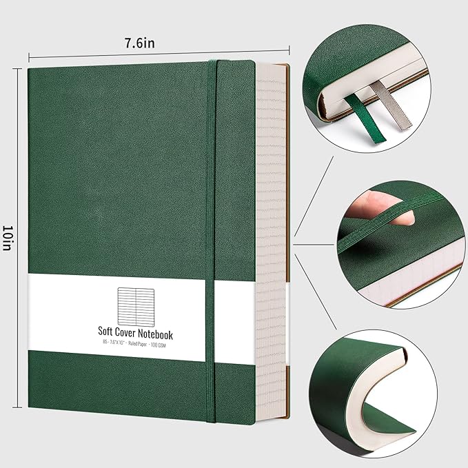 AHGXG Notebook College Ruled - 320 Numbered Pages Large B5 Thick Journal Lined Notebook for Work, 100gsm Thick Paper, Leather Softcover, for Women Men Work School, 7.6'' X 10''-Green