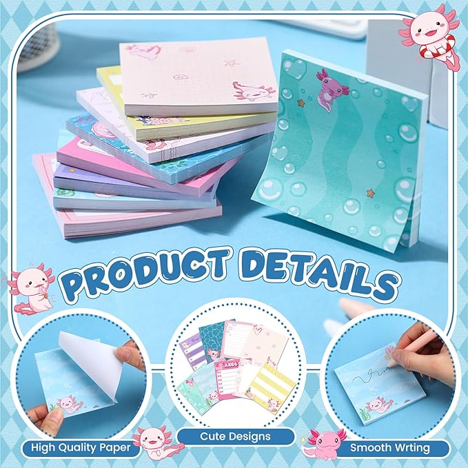9 Pads Cute Sticky Notes Cartoon Animal Self Stick Notepads 3x3 Inches Notes Adhesive Memo Pad Office Decor Gifts for Students School Office Meeting(Axolotl)