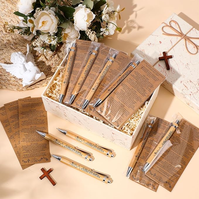 25 Sets Religious Bible Verse Gifts Bulk Christian Bookmarks Inspirational Bamboo Pens Easter Gifts for Men Women Sunday School Church Activities