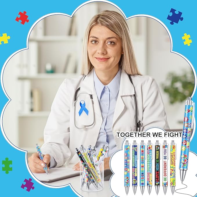48 Pcs Autism Awareness Pens Mental Health Awareness Ballpoint Pens Bulk Colorful Puzzle Pieces Pens Motivational Gifts for Classroom Office Stationery Favors Supplies