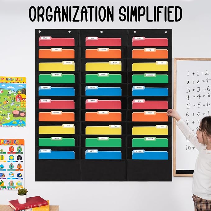 30 Pocket File Pocket Chart, Black, 42" Wide x 47" Tall - Versatile Wall Hanging File Folder Organizer for Classroom, Office, Home, and More - Wall Folder Organizer - 30 Pockets