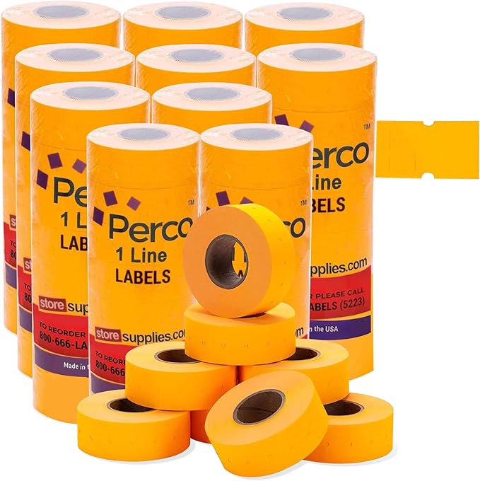 Perco 1 Line Fluorescent Orange Labels - 80 Rolls, 10 Sleeves, 80,000 Blank Price and Date Gun Labels for Perco 1 Line Price and Date Guns - Made in USA