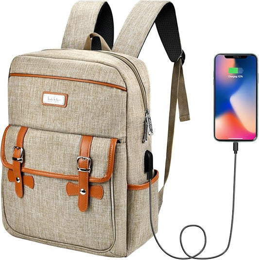 Nicole Miller Travel Laptop Backpack-Business Anti Theft Vintage Backpack with USB Charging Port-Water Resistant Computer Bag (Tan)