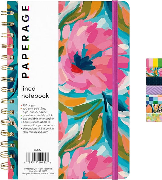 PAPERAGE Lined Spiral Journal Notebook, (Painted Floral), 160 Pages, Medium 5.5 inches x 8 inches - 100 GSM Thick Paper, Hardcover, Double-Wire Spiral Journal & Notebook