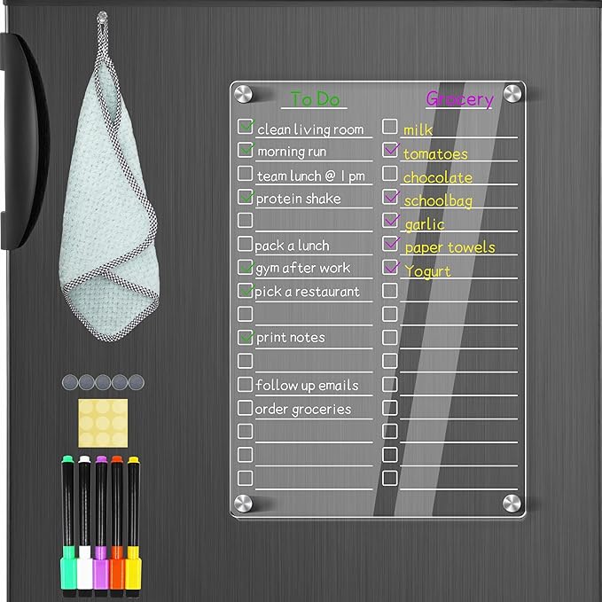 Acrylic Magnetic Dry Erase Board for Fridge, 12"X8" Clear Magnetic to Do List White Board, Acrylic Dry Erase to Do List for Refrigerator, Magnet Whiteboard with 5 Markers