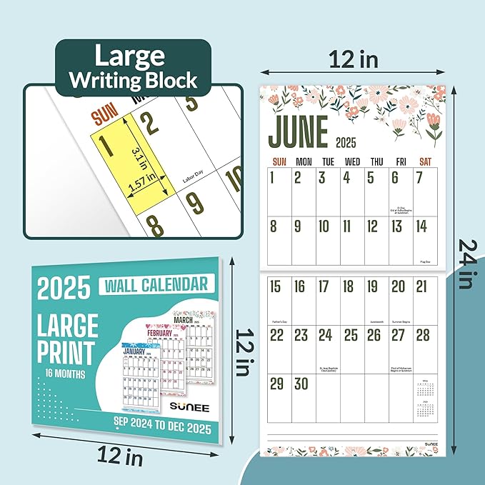 SUNEE Calendar 2024-2025, Large Print Wall Calendar Sep. 2024 - Dec. 2025, 15-Month, Monthly Planner with Big Grid, Big Wall Calendar for Home Office Planning, 12" x 24" (Open)