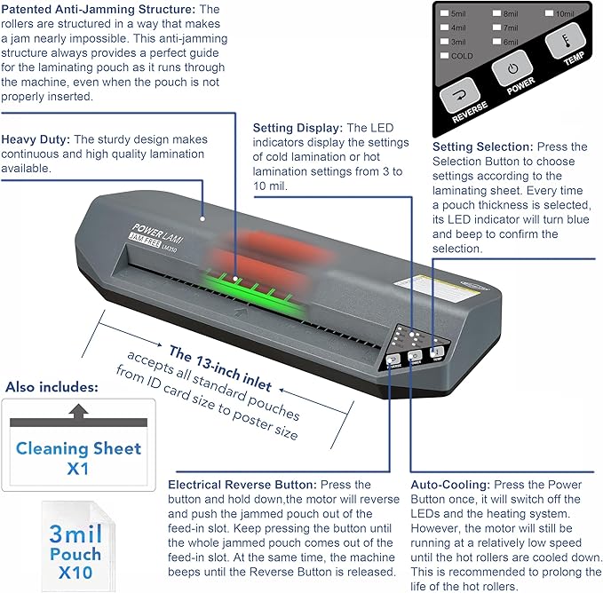 SINCHI 3-10 mil, Heavy Duty, 48-Second Warm-up Commercial Laminating Machine, Never Jam High Speed 13-inch Thermal Laminator Machine for Business/Office/School