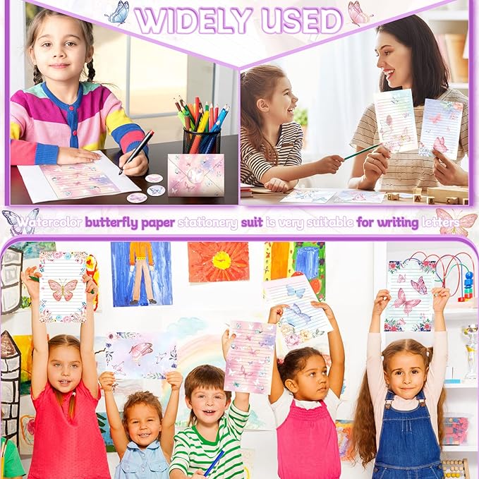 TaoBary 160 Packs Stationery Paper Set (50 Double Sided Stationery Writing Papers 50 Matching Envelopes) 60 Round Dot Sticker, 10 Design(Watercolor Butterfly,5.5 x 8.25 Inch)
