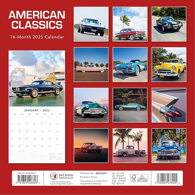 Red Robin 2025 American Classics Monthly Wall Calendar | 12" x 24" Open | Premium Thick & Sturdy Paper | Hangable 12 Month Calendar | Plastic Free | 4 Month Transition Page for 2024