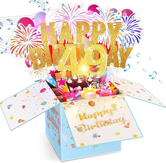 Tnvee 49TH Birthday Cards with Lights & Music & Candle, 3D Large Pop Up Happy Birthday Cards for Women Man Greeting Cards Decorations for 49 Years Old Mom Dad Wife Husband Friend